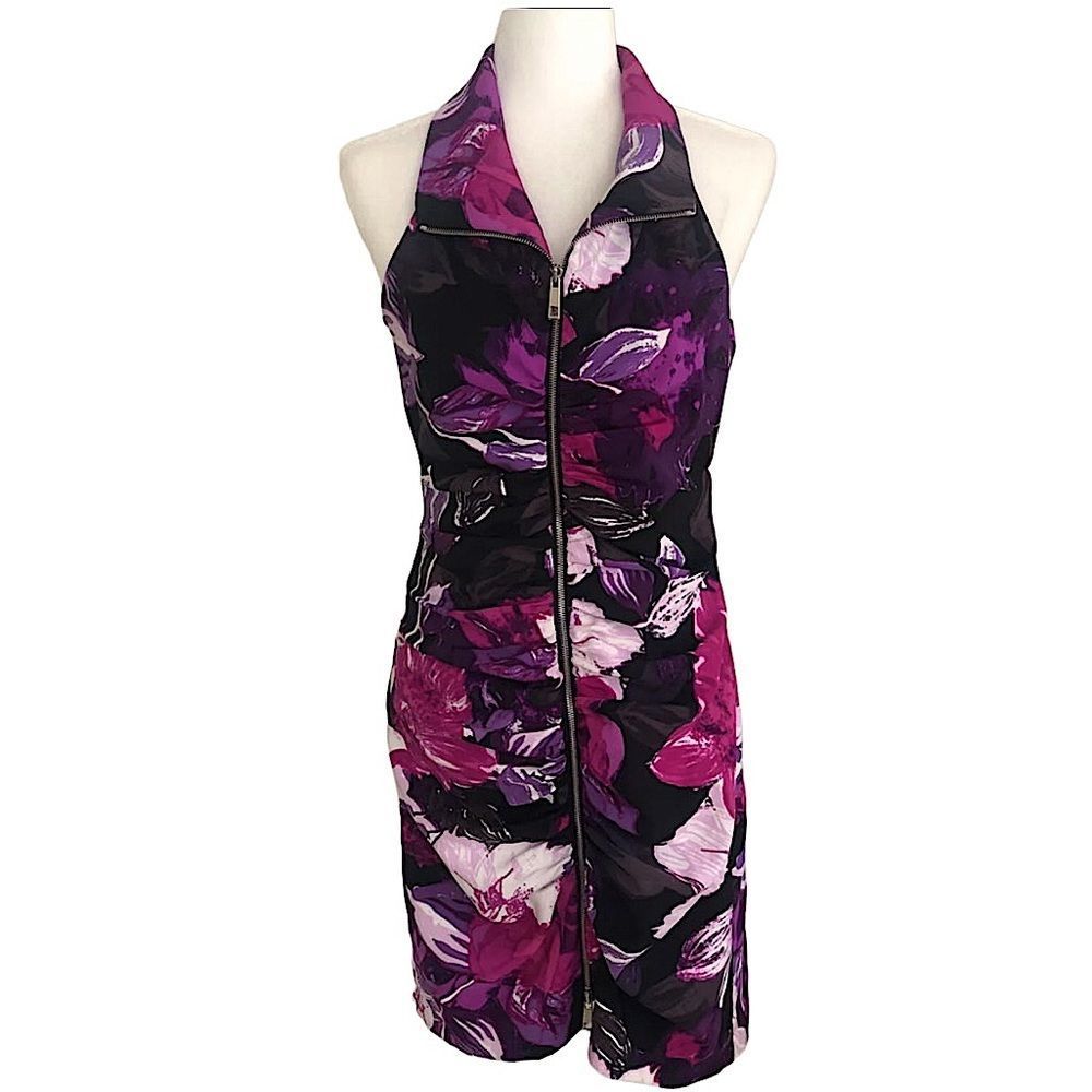 Caché Womens Ruched Dress Front Zipper Collar Sleeveless Floral Black Purple EUC